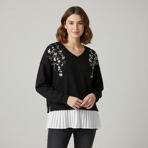 Anthropologie Calligraphie Rhinestones Embellished Cotton Sweatshirt Pleated L